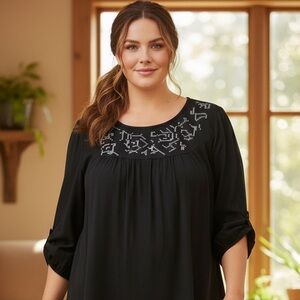 Faded Glory Rayon Embroidered Roll Tab Sleeve Boho Peasant Top Women’s Size XL